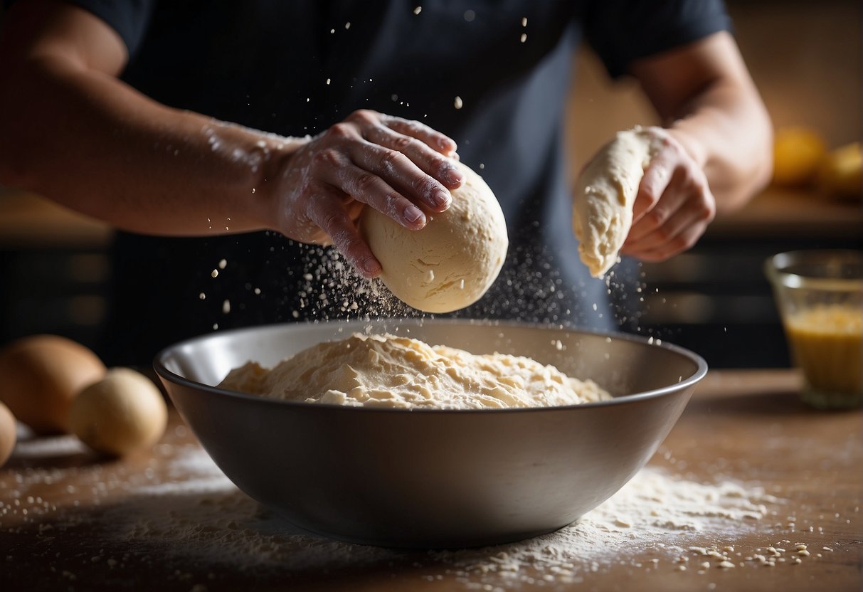 A pair of hands mixes flour and water in a large bowl, kneading the dough until it becomes smooth and elastic