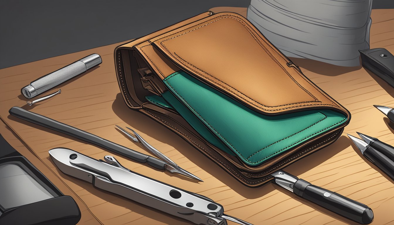 A leather wallet being meticulously stitched with precision and care, showcasing the craftsmanship of Wallets guys wallet brand
