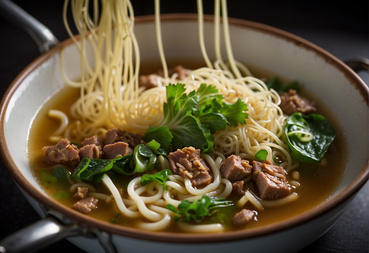 A steaming pot of savory broth with noodles, bok choy, and minced pork. A sprinkle of green onions and a drizzle of chili oil complete the dish
