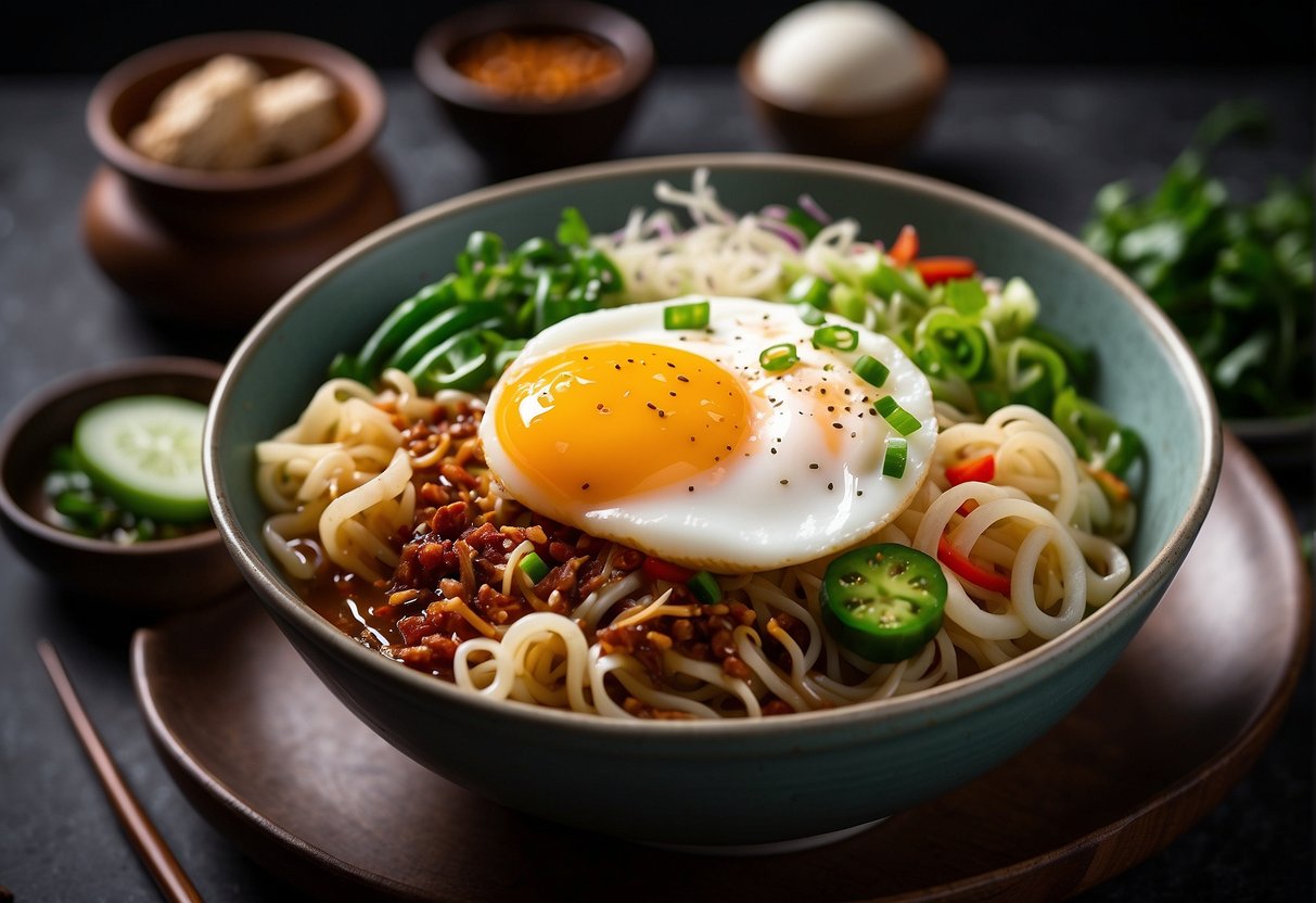 A bowl of Chinese ban mian with a variety of toppings and garnishes, including sliced green onions, chili flakes, bean sprouts, and a poached egg