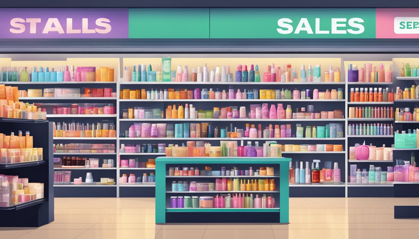A crowded store with bright signs advertising special offers and sales on Aritaum brands. Shelves are stocked with various beauty products