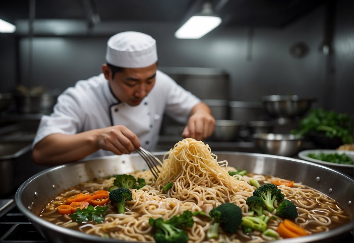 A chef assembles and serves Chinese ban mian with noodles, vegetables, and broth in a bowl