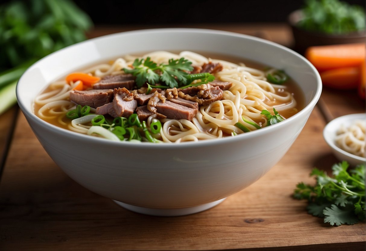 A steaming bowl of Chinese ban mian noodles with fragrant broth, topped with fresh vegetables and slices of tender meat