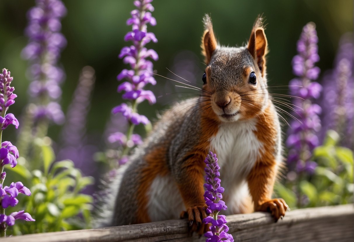 A squirrel perched on a fence, nibbling on vibrant purple salvias