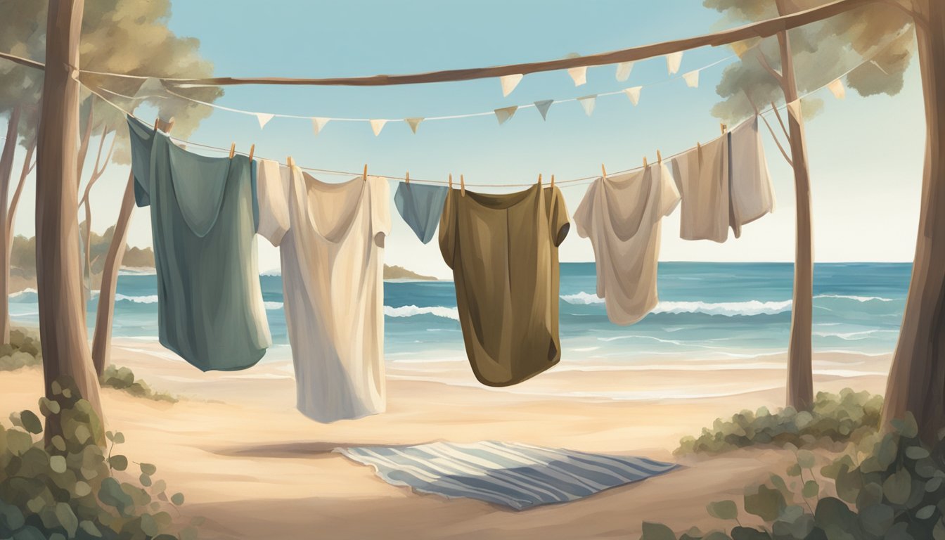 A sunny beach with a clothesline filled with flowing, natural linen garments in earthy tones, surrounded by eucalyptus trees and the sound of crashing waves