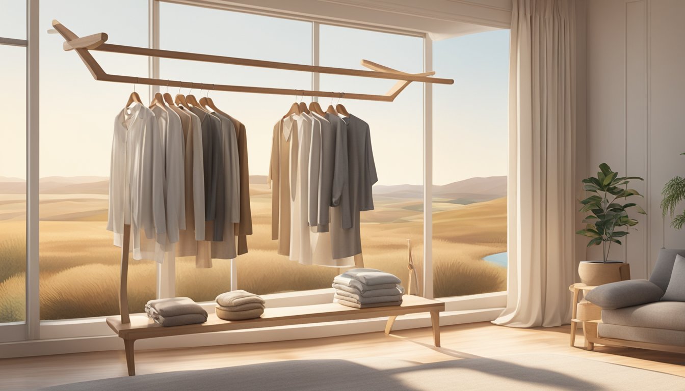 A sunlit room with a wooden clothing rack displaying minimalist linen garments in soft, natural colors. A window overlooks a serene Australian landscape