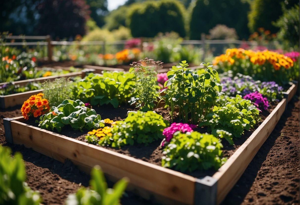 A variety of raised garden beds filled with vibrant, healthy vegetables, surrounded by lush greenery and colorful flowers
