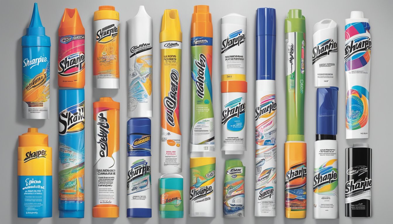 A timeline of Sharpie products, from the original marker to new designs, displayed on a wall