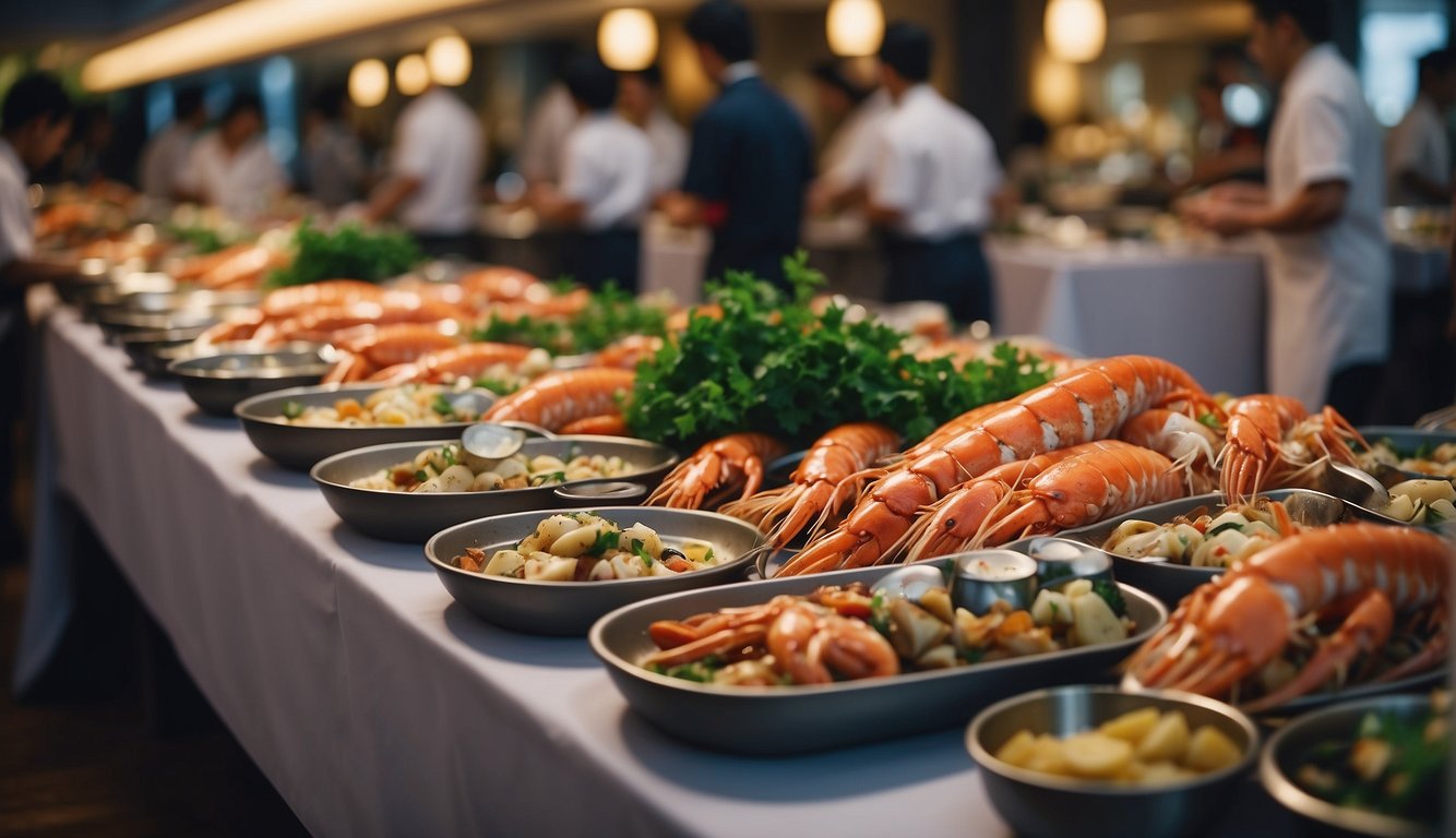 A bustling seafood buffet at a luxurious hotel in Singapore. Tables filled with colorful dishes, chefs cooking fresh seafood, and guests enjoying the vibrant atmosphere