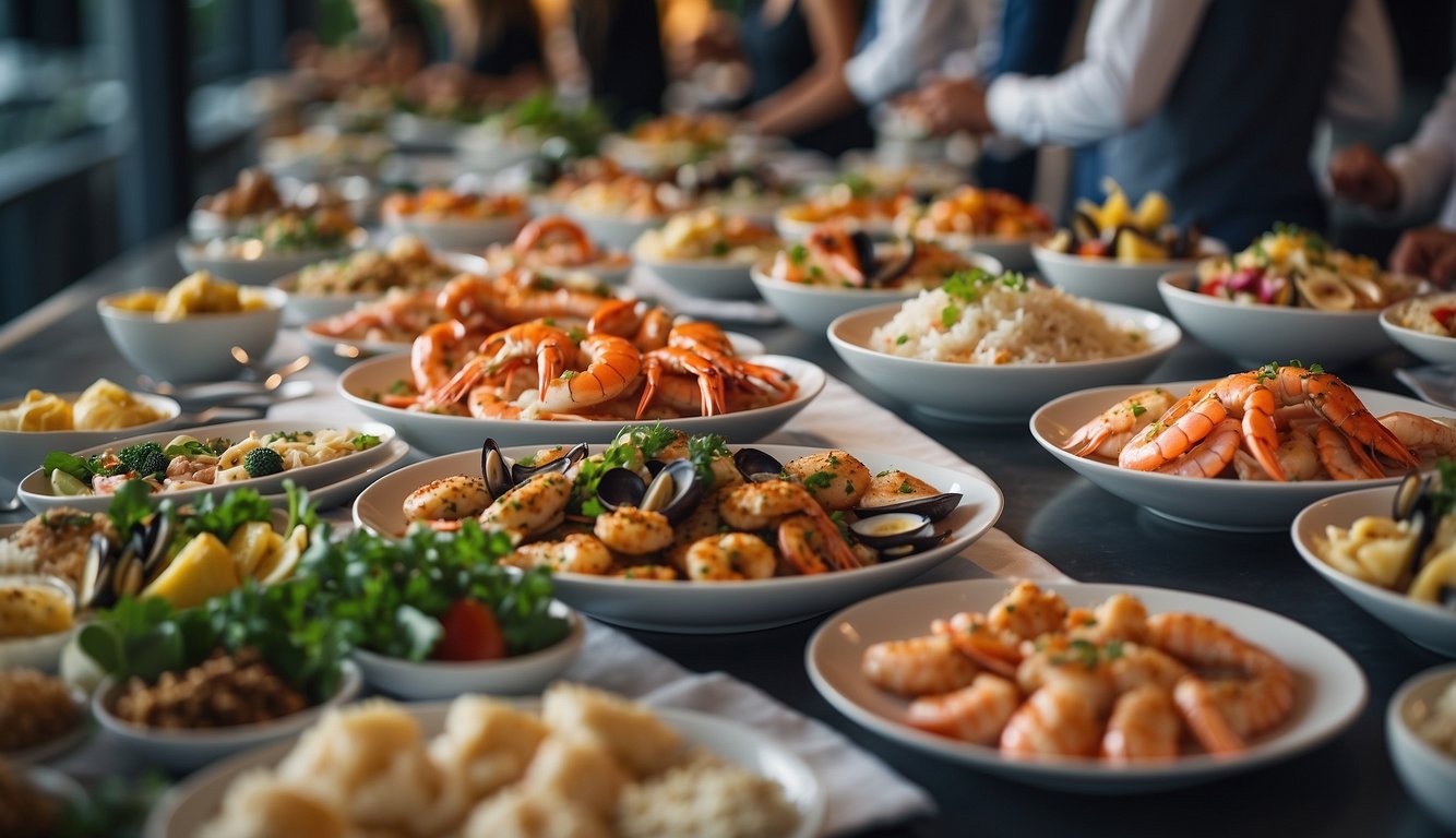 A bustling seafood buffet at M Hotel, with a variety of fresh seafood dishes displayed on a long, elegant table in a bright and spacious dining area