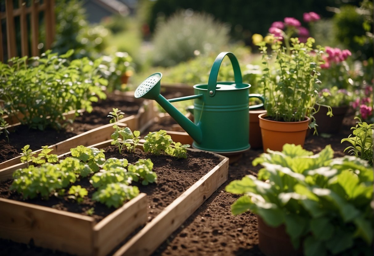 A lush vegetable garden with raised beds, trellises, and a variety of vibrant plants. A watering can and gardening tools are scattered around the well-maintained garden