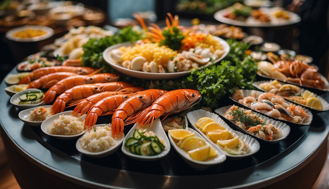 A grand seafood buffet display at a hotel in Singapore, with various pricing and package options showcased