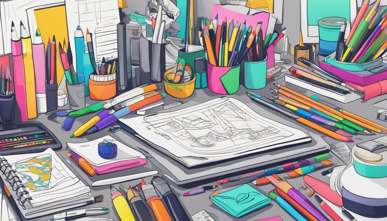 A Sharpie marker stands out on a cluttered desk, surrounded by art supplies and sketches. Its bold logo catches the eye, symbolizing creativity and expression in popular culture