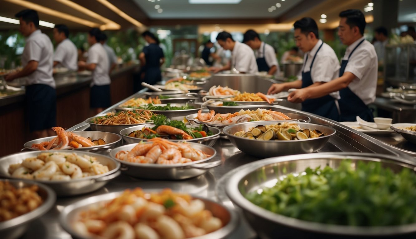 A bustling hotel seafood buffet in Singapore, with diners enjoying a wide array of fresh seafood dishes and chefs busy at work behind the counters