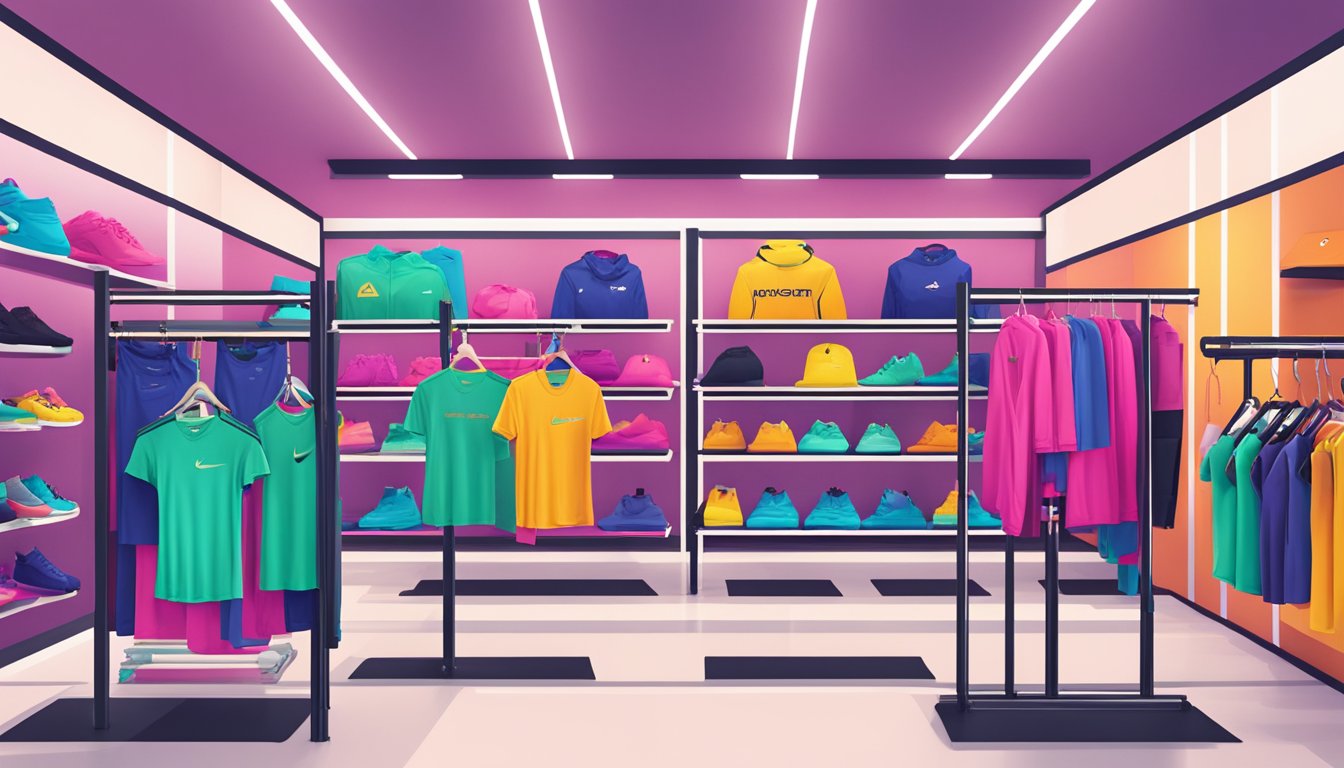 Women's gym clothing brands displayed on racks in a bright, modern store. Bold logos and vibrant colors stand out against sleek, athletic designs