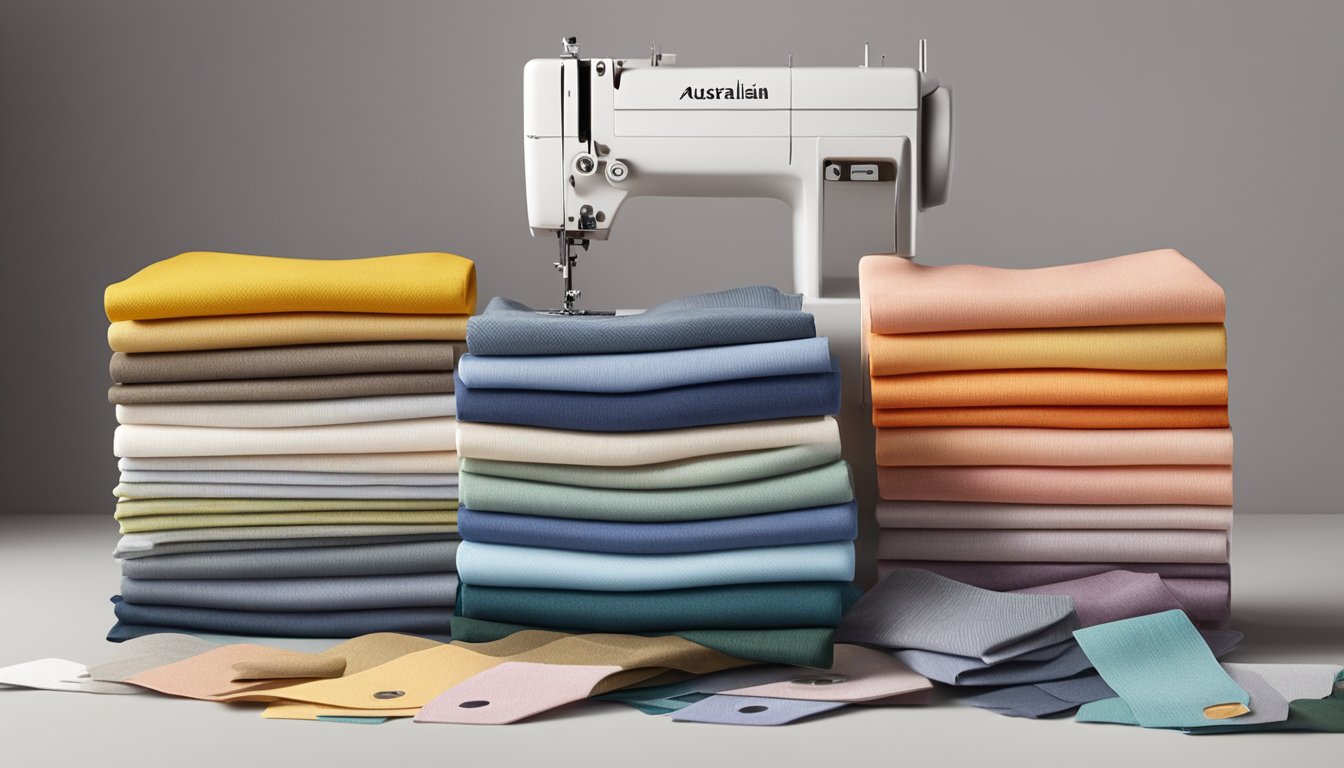 A stack of colorful clothing tags with Australian linen brands' names, surrounded by a variety of fabric swatches and a sewing machine