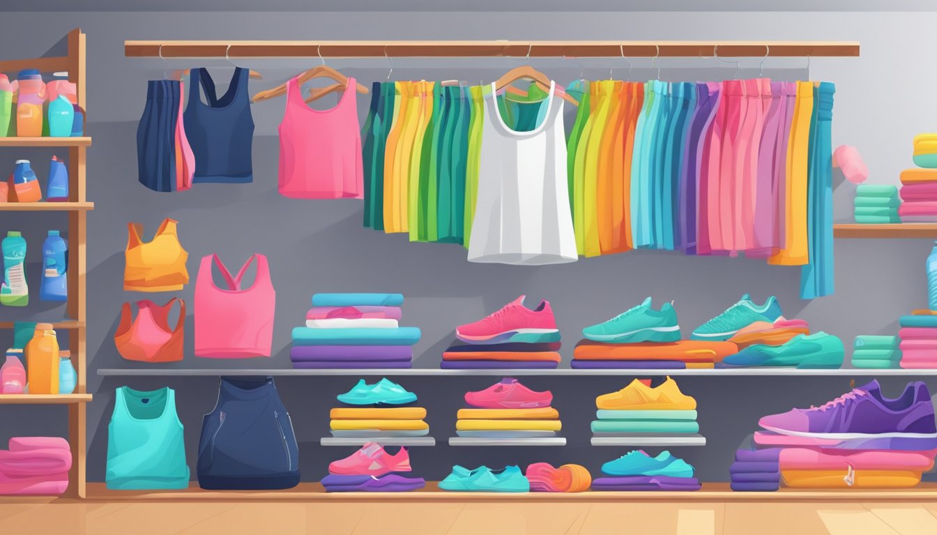 Colorful leggings, sports bras, and tank tops neatly folded on a shelf. Sneakers and water bottles on the floor. Mirrors and motivational posters on the walls