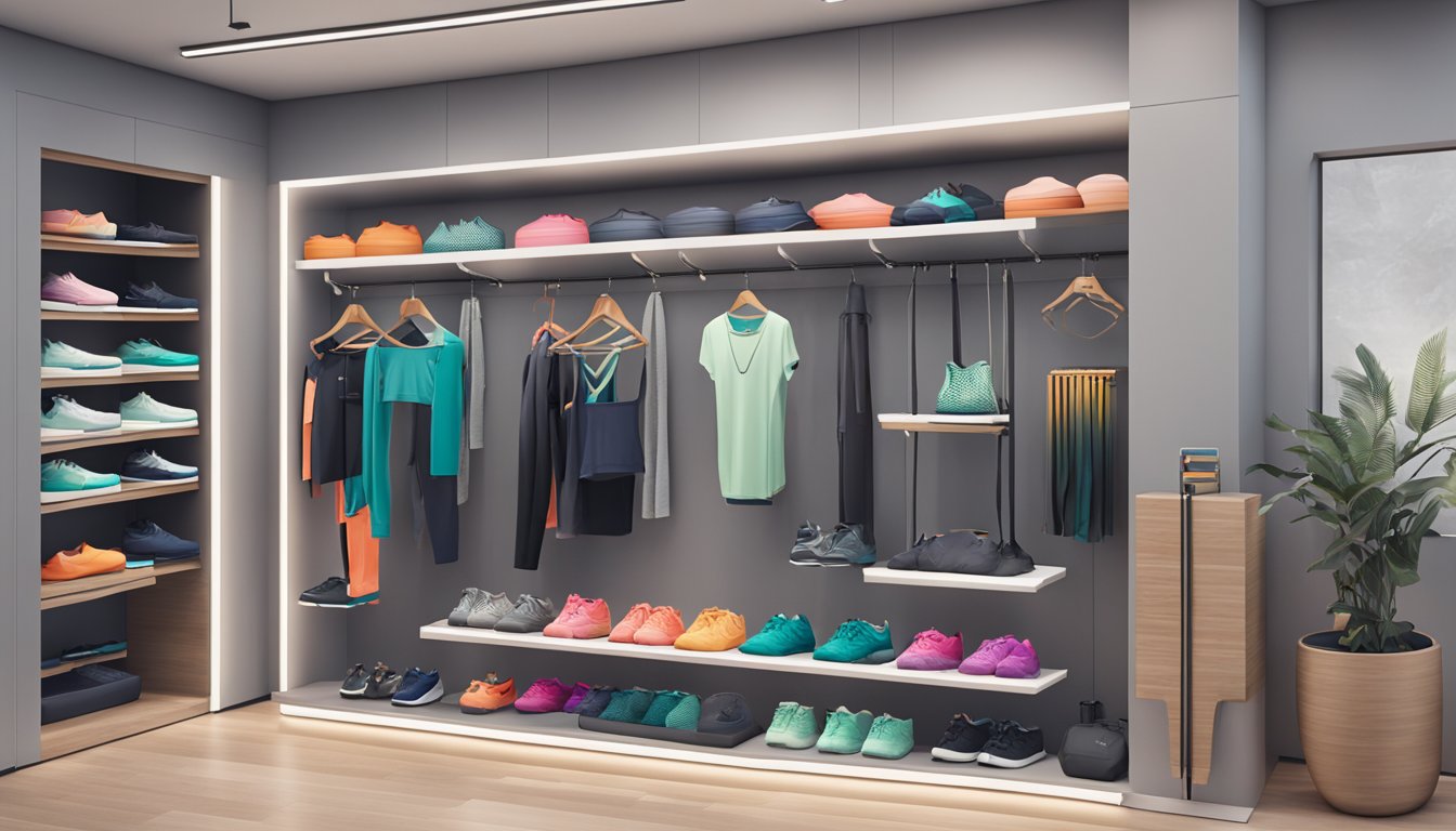 A woman's gym clothing brand featuring stylish and functional activewear displayed on sleek, modern racks in a well-lit showroom
