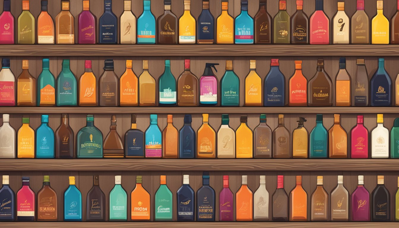 A row of shoe shine brands displayed on a wooden stand, each bottle labeled with vibrant colors and bold typography