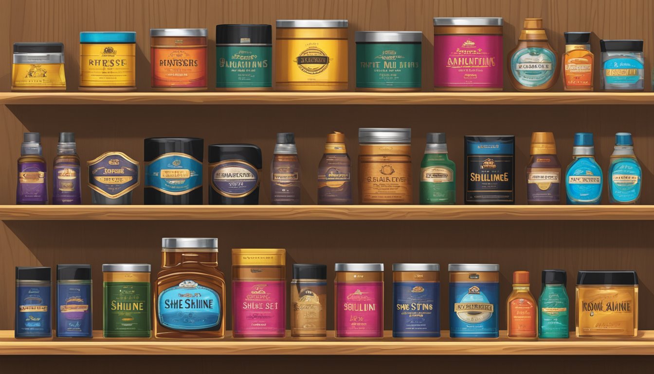 A row of top shoe shine brands displayed on a polished wooden shelf. Brightly colored labels and sleek packaging catch the light