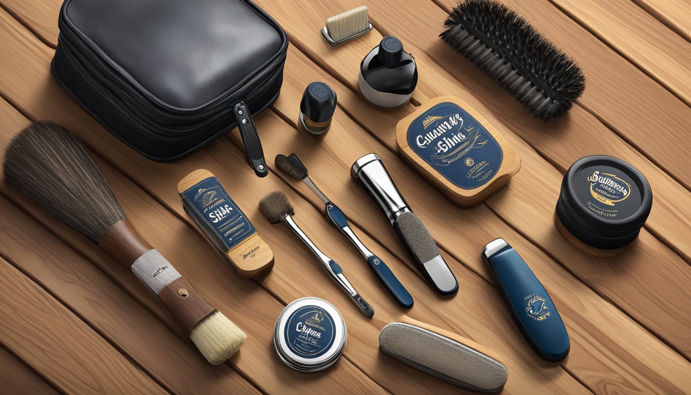 A shoe shine kit on a wooden surface, including brushes, polish, and cloths. Brands' logos are visible on the products