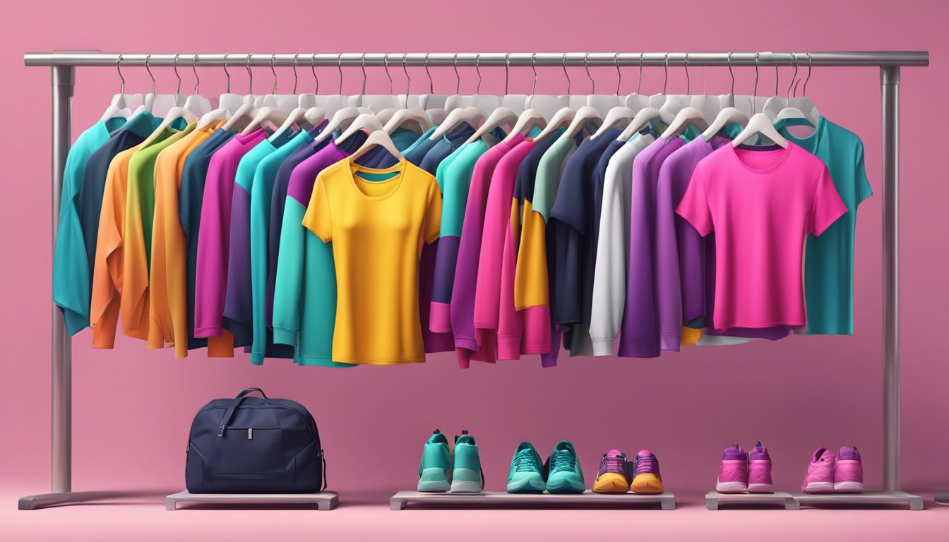 Vibrant gym clothes displayed on racks with trendy designs and logos. Bright colors and sleek fabrics highlight top picks for women's fitness wear
