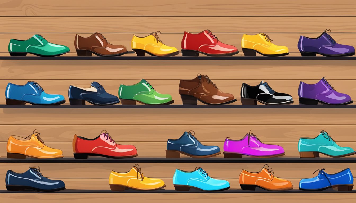 A row of colorful shoe shine brands displayed on a polished wooden shelf, each labeled with unique artistic designs and vibrant colors