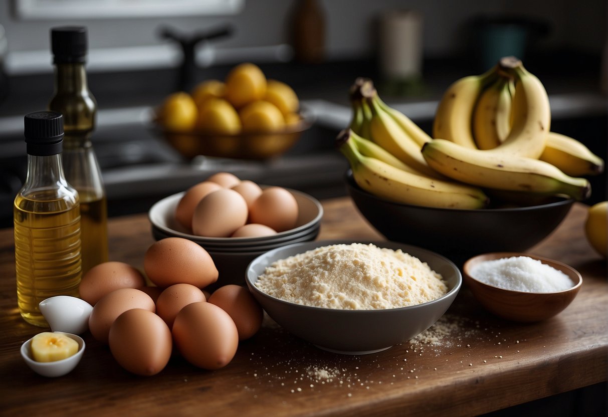 A bowl of ripe bananas, flour, sugar, and eggs sit on a kitchen counter. Nearby, a bottle of vegetable oil and a wire rack are ready for frying