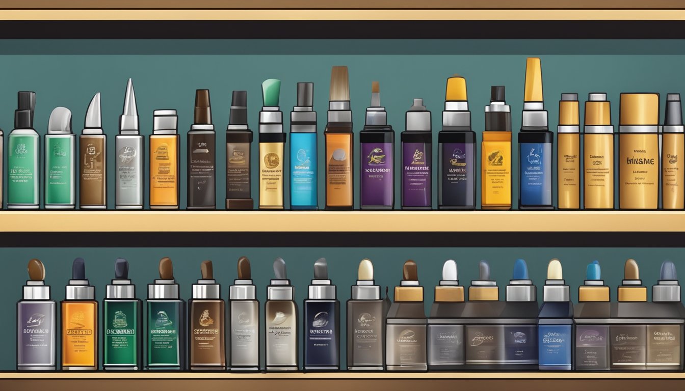 A variety of shoe polish types are displayed on a shelf, including creams, waxes, and liquids, each labeled with their specific uses and recommended shoe shine brands
