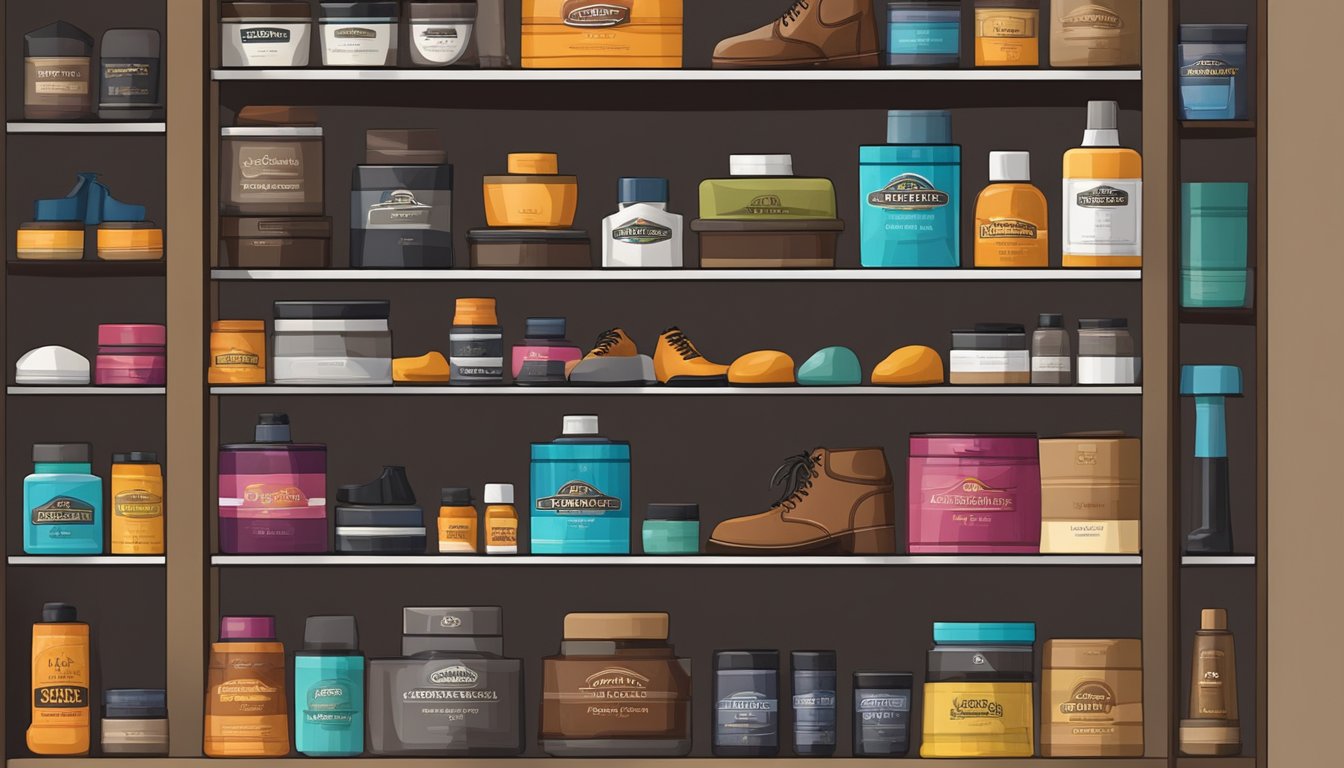 A collection of shoe shine brands displayed on a well-organized shelf with various specialized shoe care products