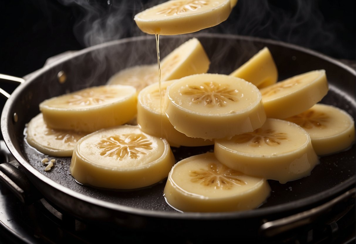 Banana slices dipped in batter, sizzling in hot oil. Steam rises as they turn golden brown. A spatula flips them over