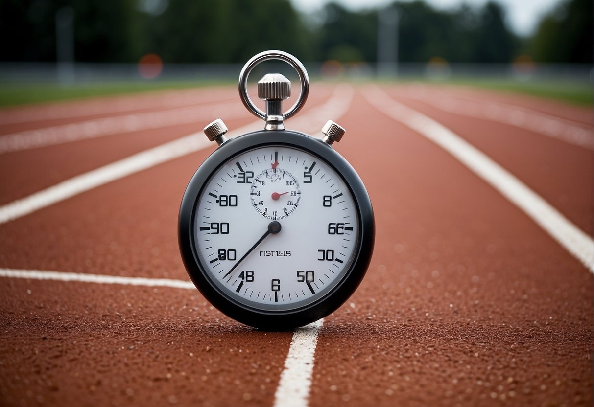 A stopwatch showing a time of 25 minutes and 30 seconds, with a running track in the background