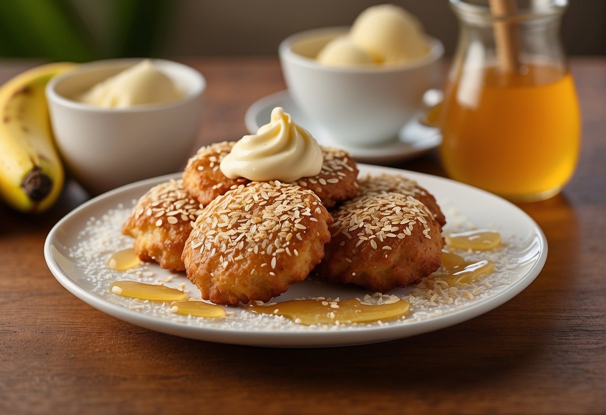 Golden brown banana fritters arranged on a white plate, drizzled with honey and sprinkled with sesame seeds, accompanied by a scoop of vanilla ice cream