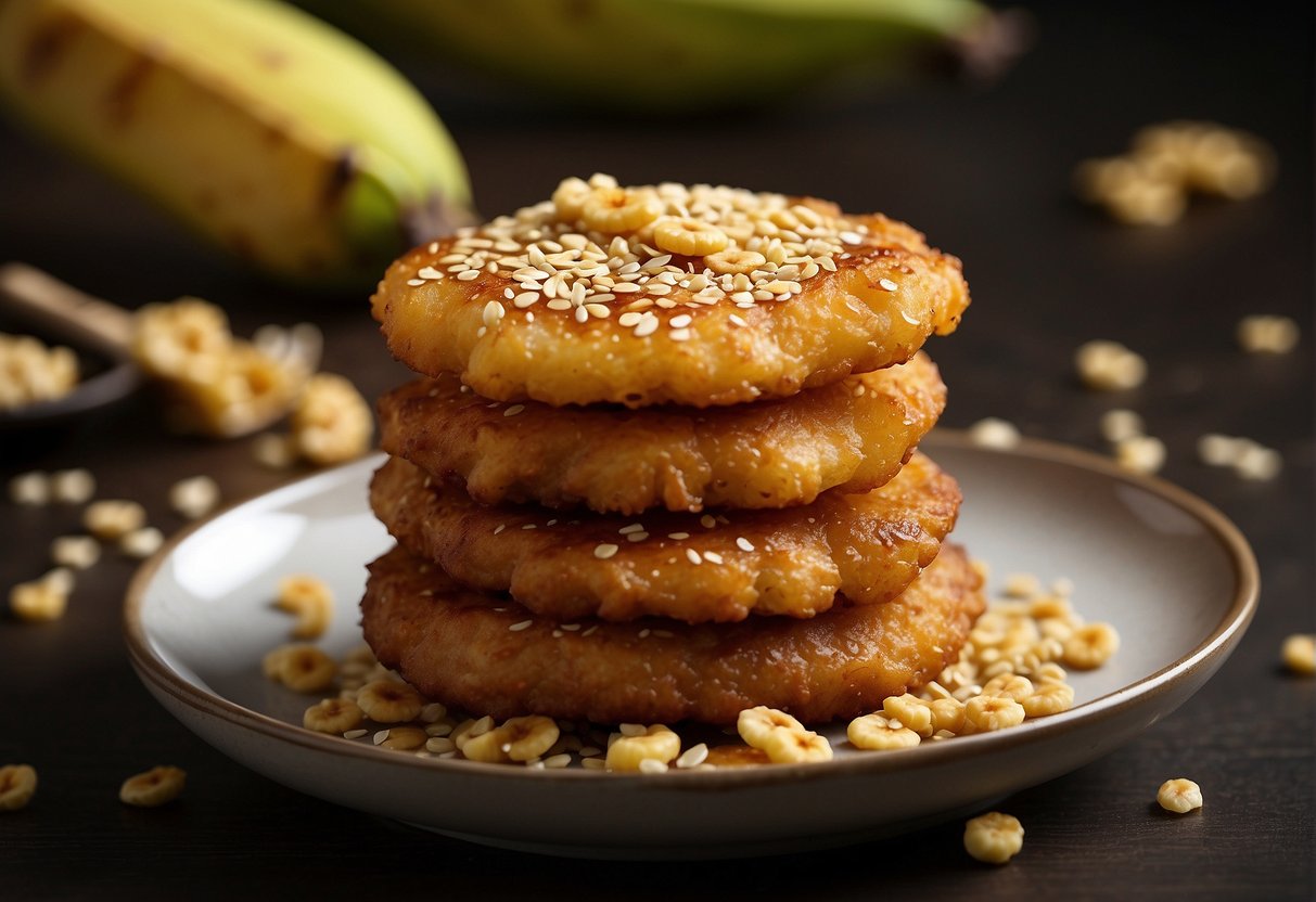 A plate of golden brown Chinese banana fritters surrounded by a scattering of sesame seeds and a drizzle of sweet syrup