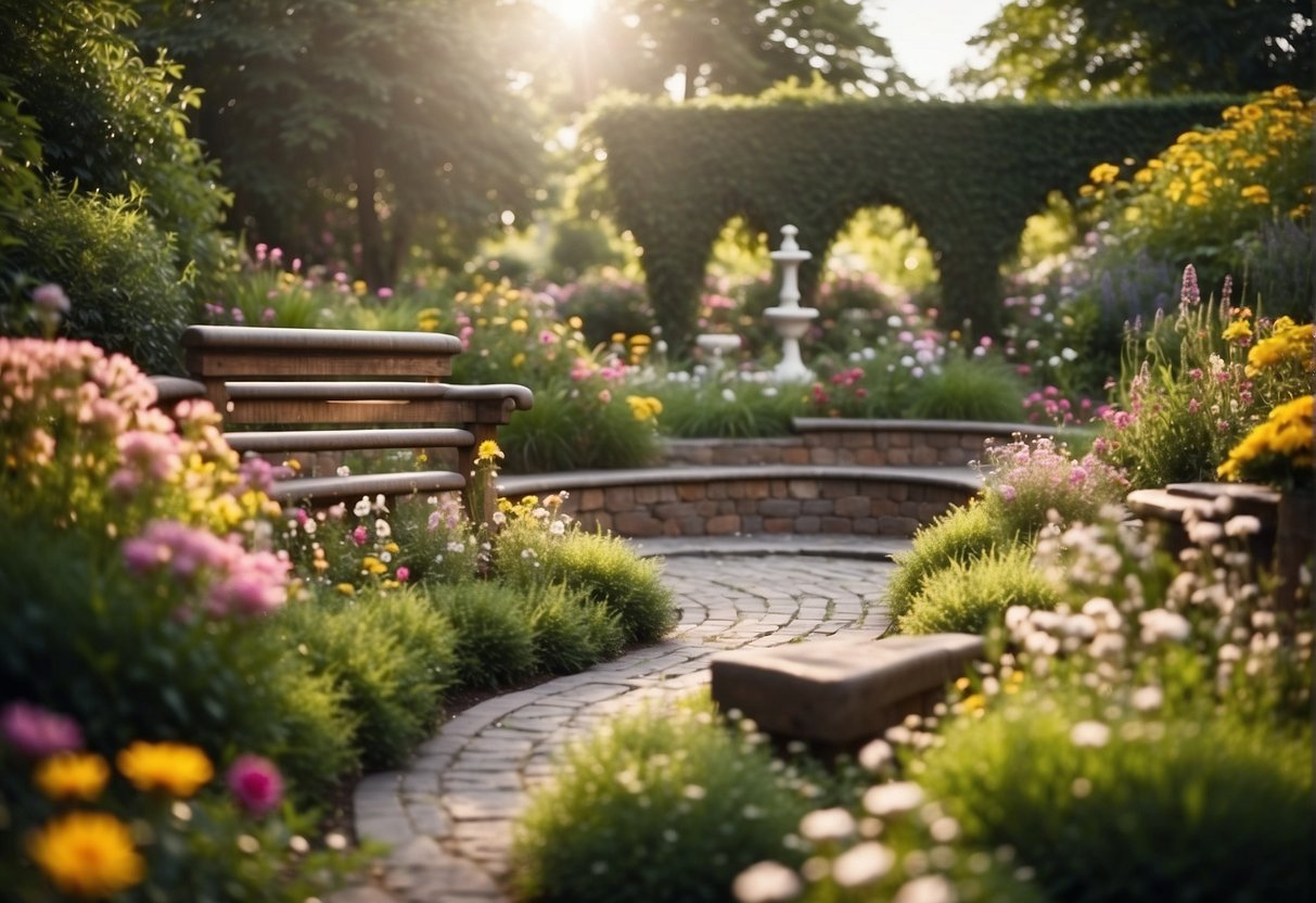 A cozy small garden with colorful flowers, winding pathways, and a bubbling fountain nestled among lush greenery. A bench invites relaxation in this dreamy space