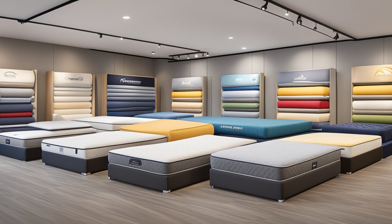 Various mattress brands displayed in a showroom with colorful logos and different textures