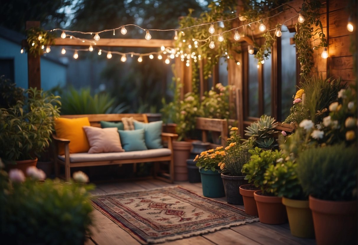 A cozy small garden with a variety of potted plants, a wooden bench, and a colorful outdoor rug. A string of fairy lights hangs above, creating a magical and dreamy atmosphere