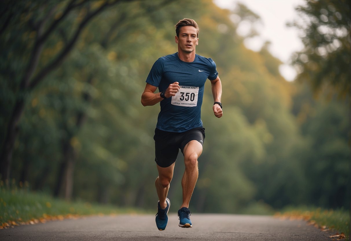 A runner maintains proper form at a 5k pace, with arms swinging in sync and a slight forward lean