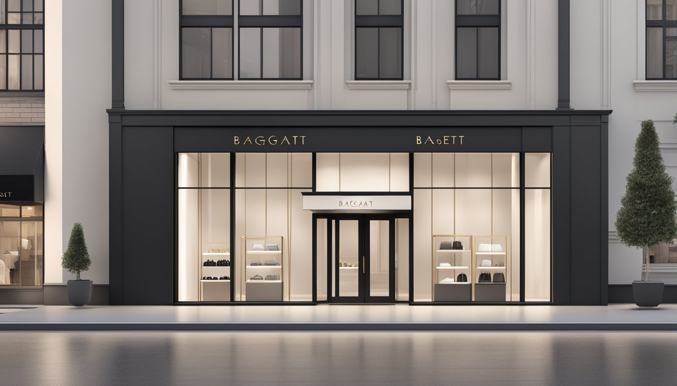 A luxurious, minimalist storefront with sleek, modern signage. Clean lines, neutral colors, and elegant displays showcase the sophisticated Bagatt brand