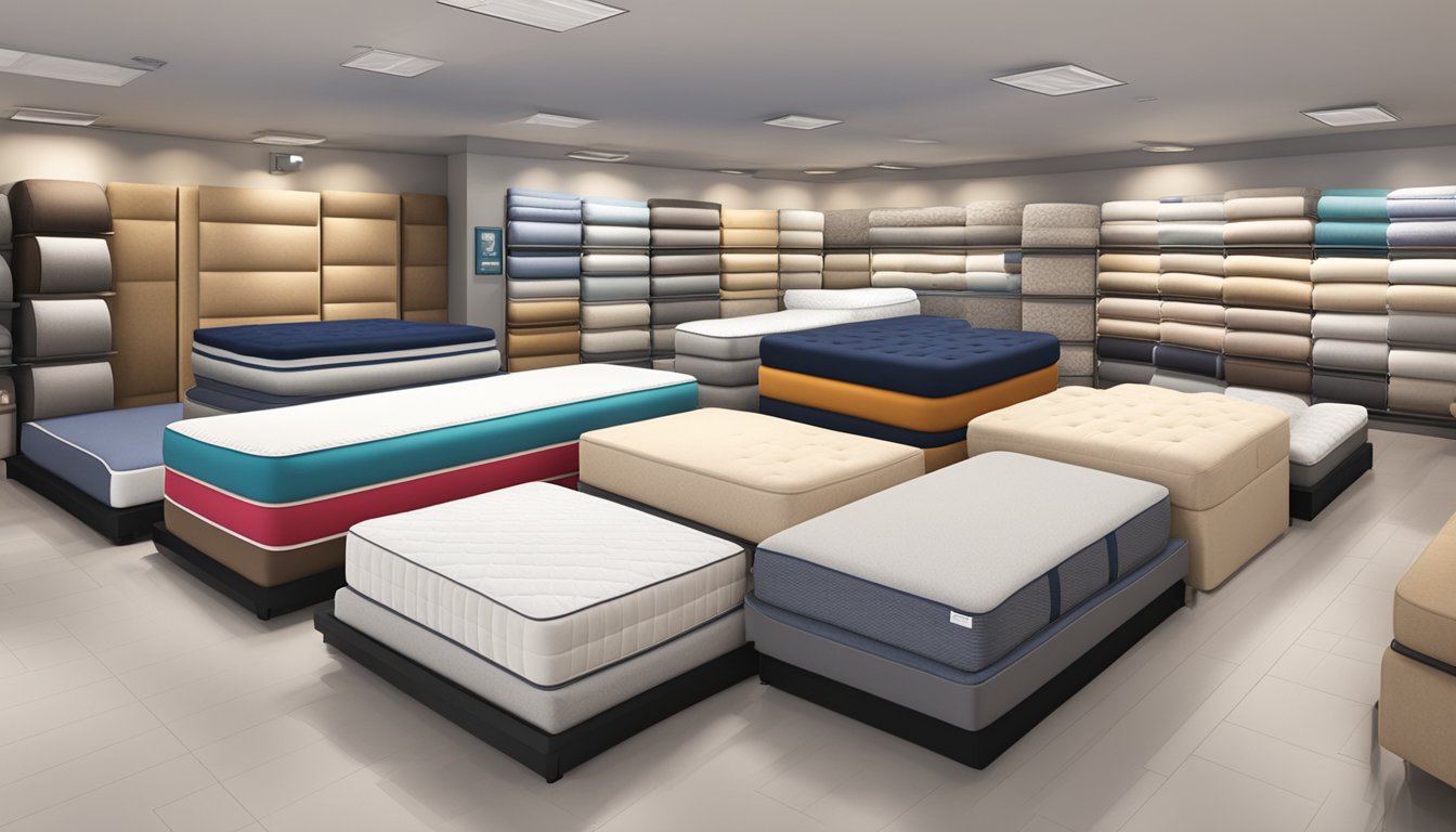 A showroom with various mattress types displayed, including memory foam, innerspring, and latex. Brand logos are visible on each mattress