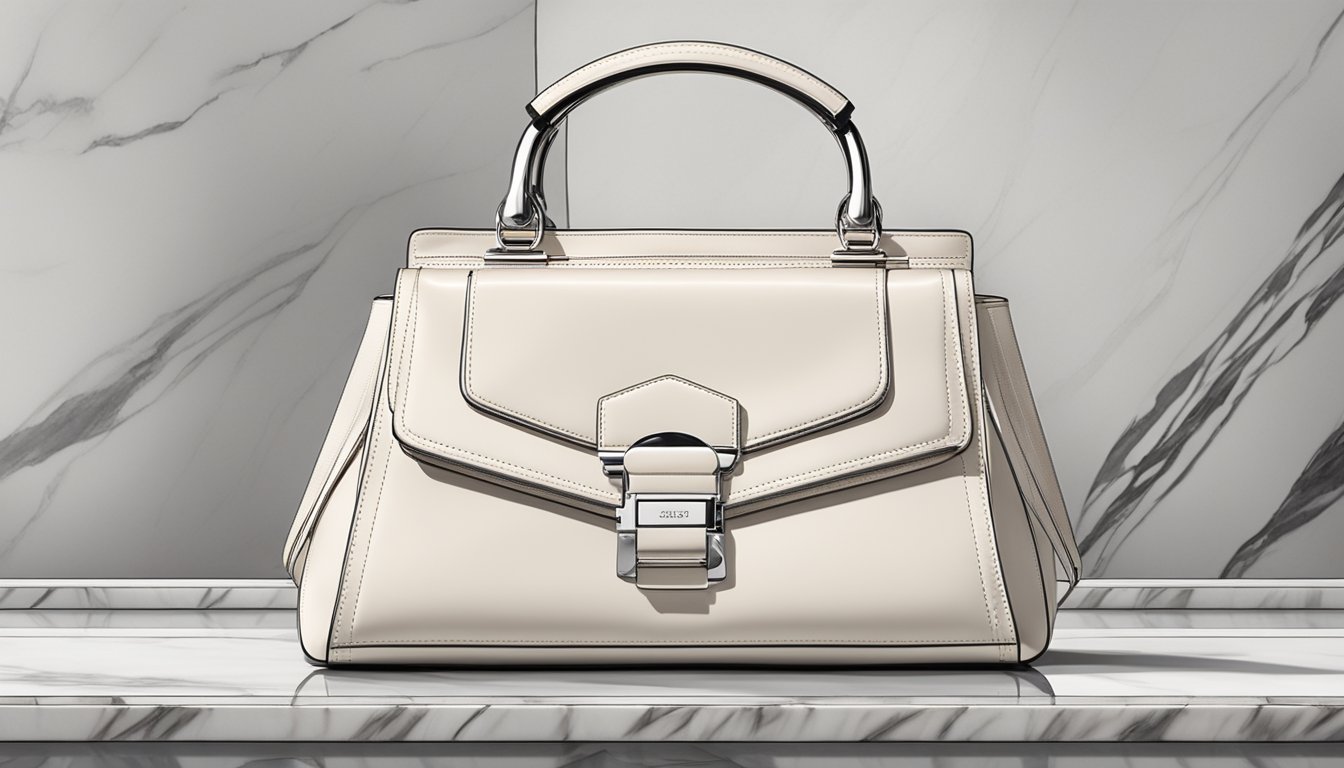 A sleek, modern handbag sits on a marble countertop, with the iconic "Collections bagatt" logo prominently displayed on the front