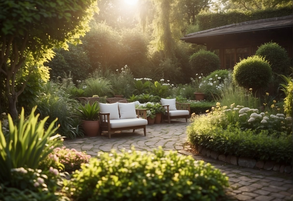 A small garden with diverse plants, cozy seating areas, and winding pathways. Sunlight filters through the lush greenery, creating a dreamy and serene atmosphere