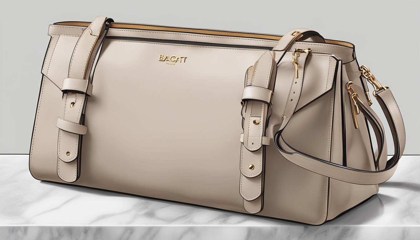 A sleek leather bag by Bagatt sits on a marble countertop, showcasing exquisite craftsmanship and attention to detail