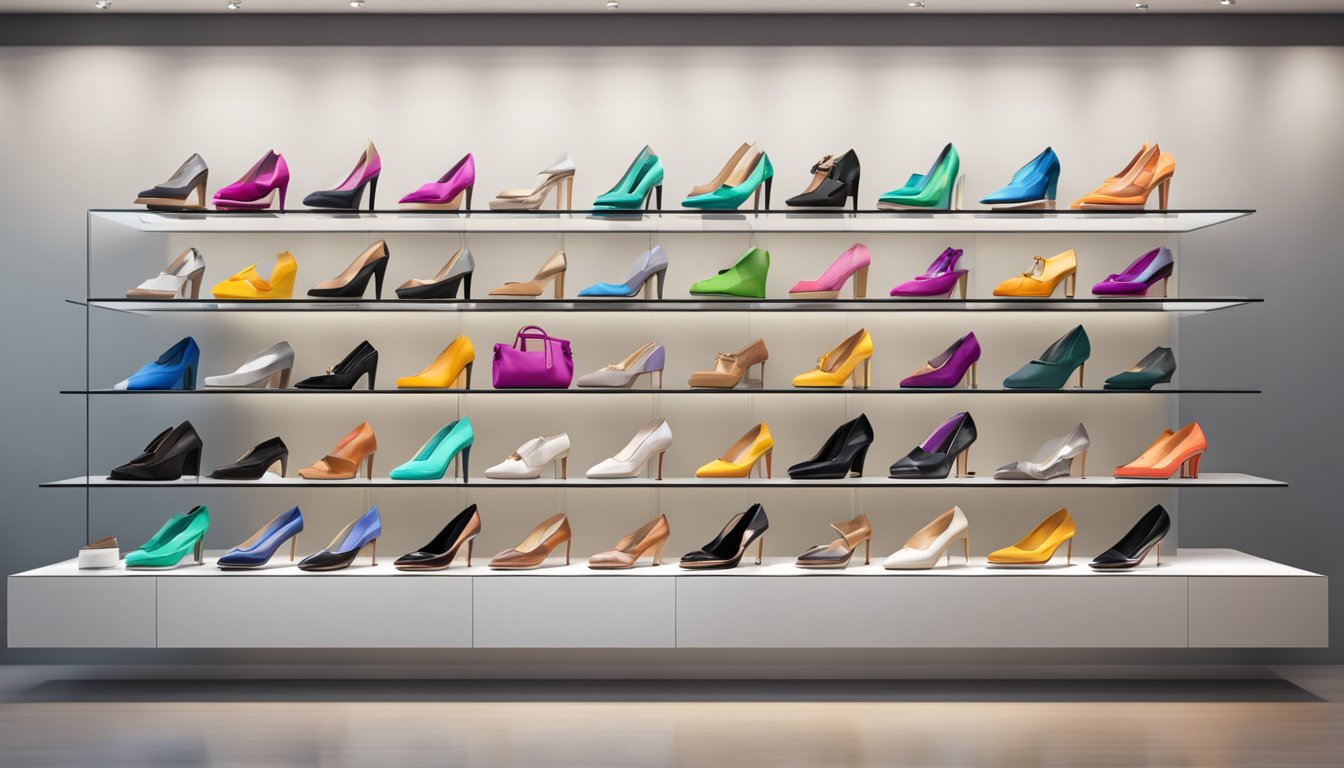 A colorful display of Bagatt brand shoes and handbags arranged on a sleek, modern display shelf in a high-end fashion boutique