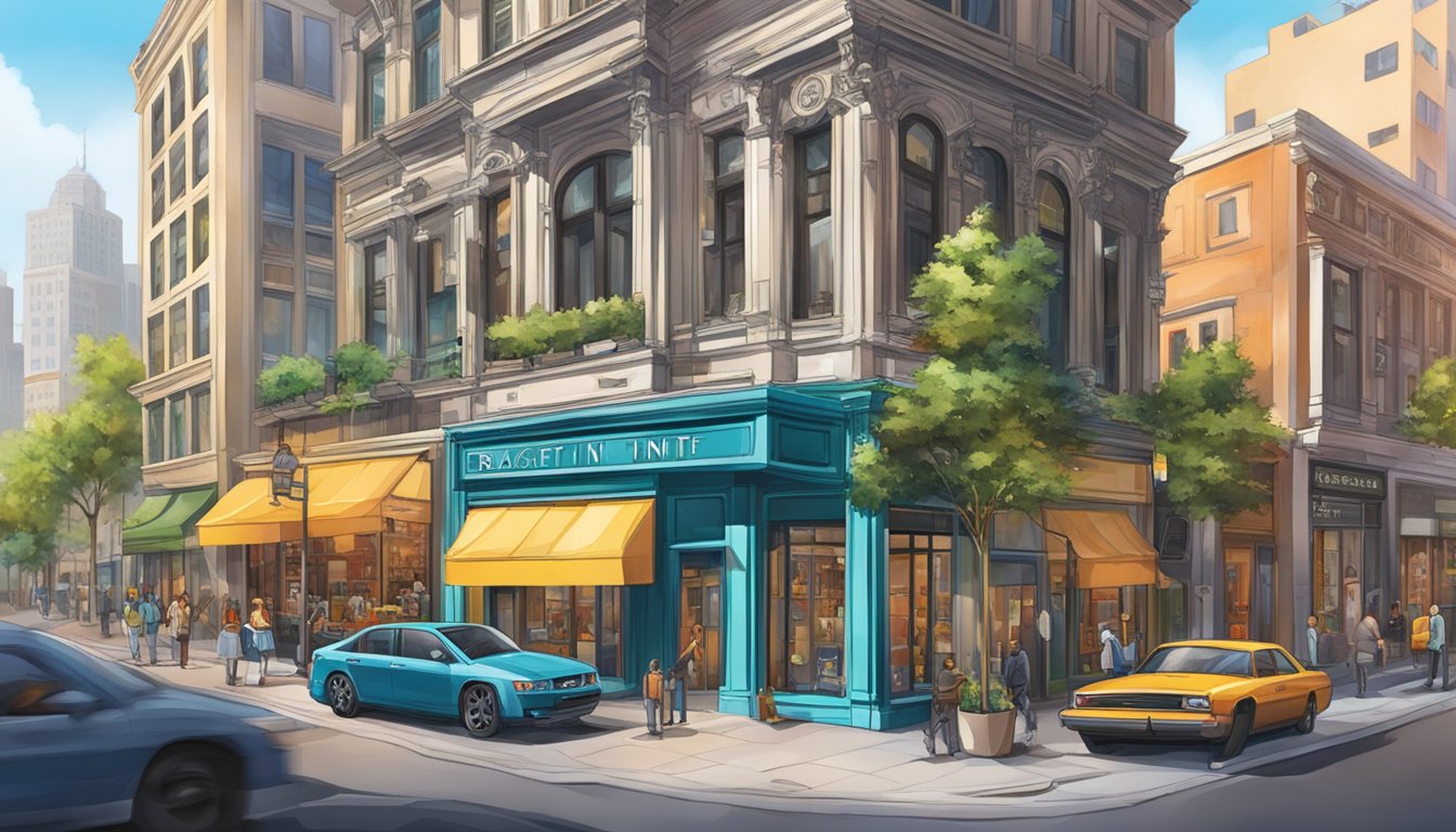 A vibrant cityscape with a prominent "Bagatt in the World" storefront, surrounded by bustling streets and modern architecture