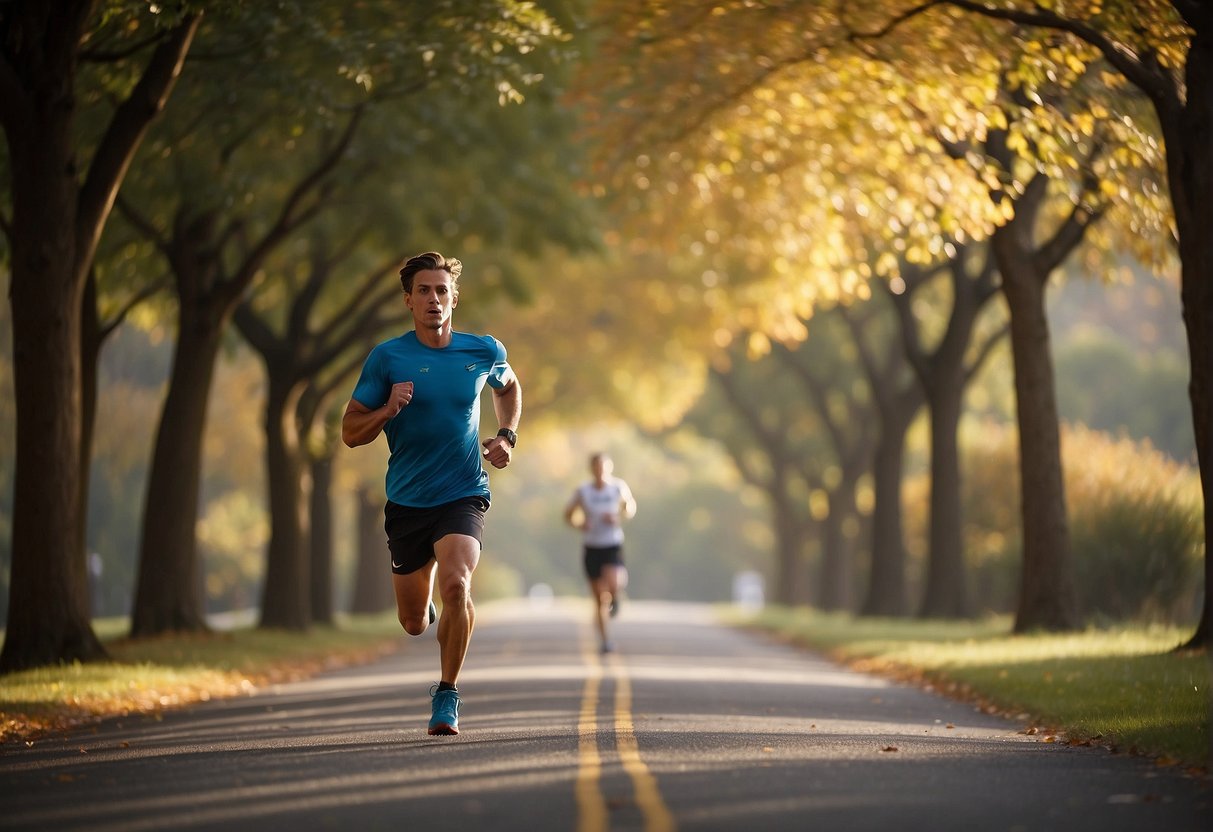 A runner maintains a steady pace through a scenic 5k route, with a focus on form and efficient stride