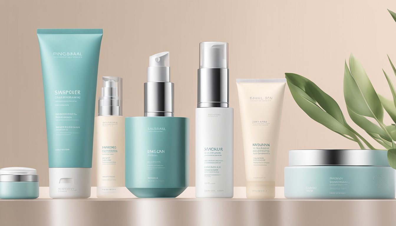 A sleek, modern skincare product display with Singaporean branding, featuring clean lines and minimalist design