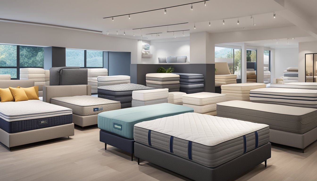 A variety of bed mattress brands displayed in a well-lit showroom with emphasis on comfort and support features