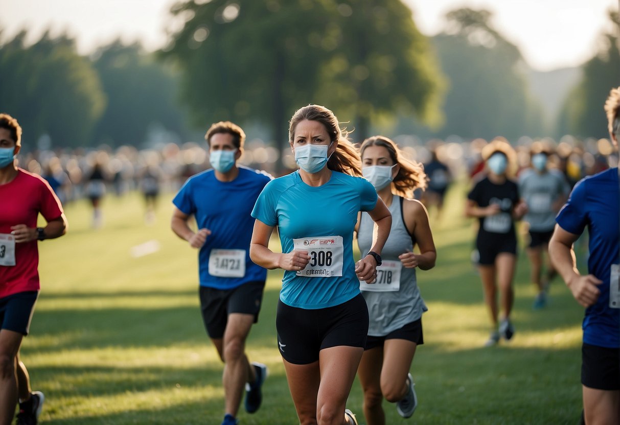 Runners maintain safe distance, wearing masks, and following safety protocols at a 5k race