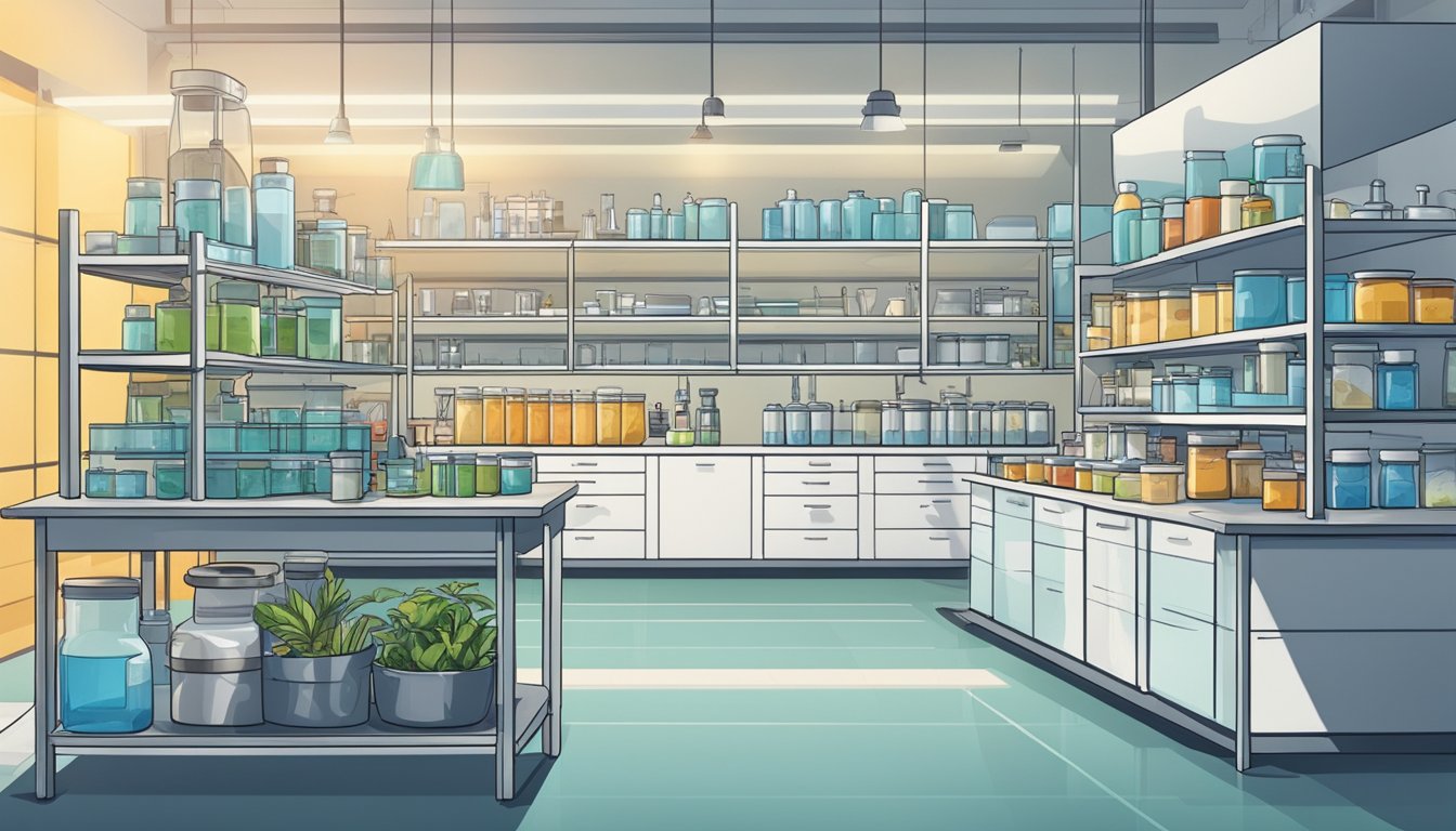 A laboratory filled with cutting-edge equipment and shelves stocked with unique, natural ingredients. Brightly lit with a modern, minimalist aesthetic